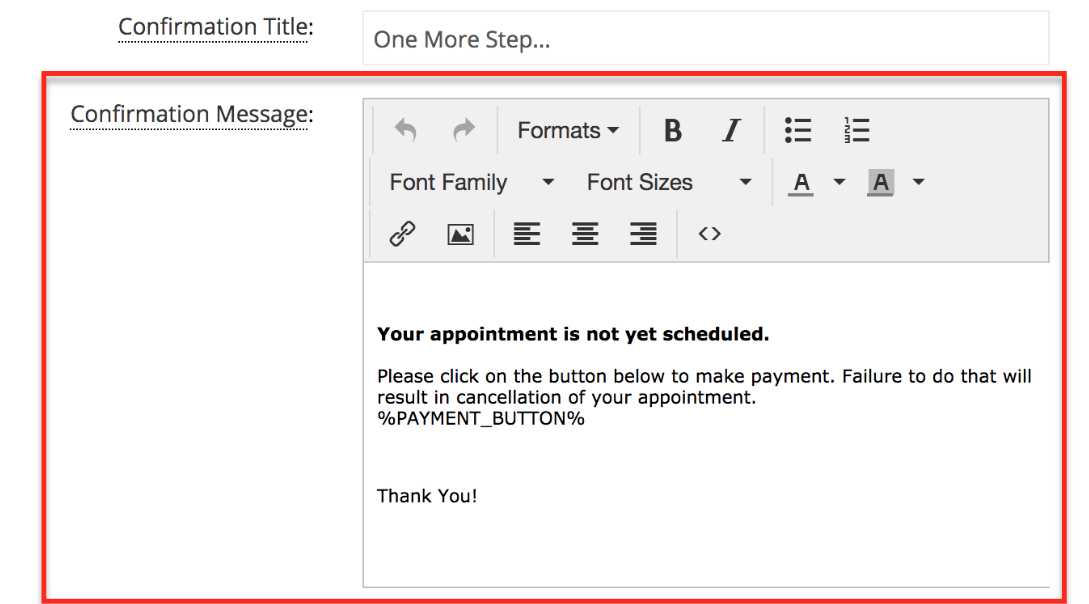 Confirmation Message for Payment Based Booking – TimeTap